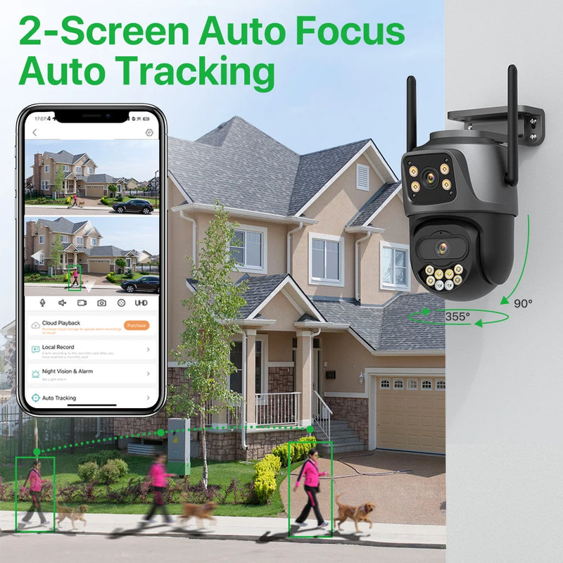 Outdoor Dual Screen Segurança PTZ Cam, Auto Rastreamento de Vigilância, Câmera WiFi Externa, 3 Lens, 6K, 9MP HD, IP, 8MP, iCSee